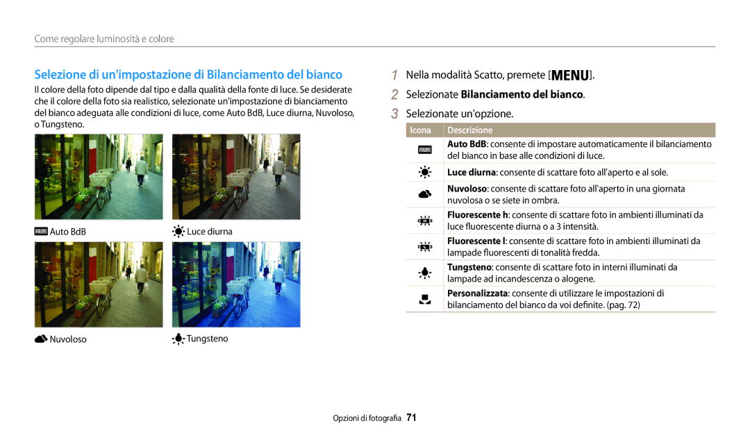 Samsung EC-WB30FZBPBE1, EC-WB30FZBPWE1 manual Selezionate Bilanciamento del bianco 