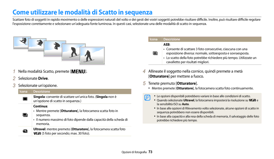 Samsung EC-WB30FZBPBE1 manual Come utilizzare le modalità di Scatto in sequenza, Selezionate Drive Selezionate unopzione 