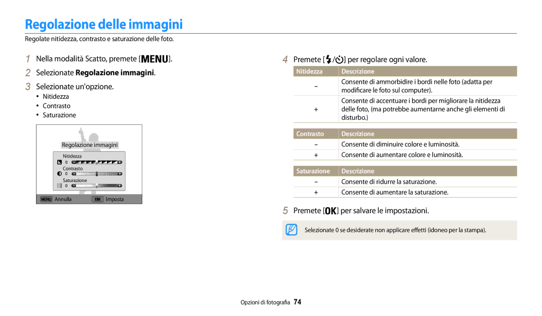 Samsung EC-WB30FZBPWE1 Regolazione delle immagini, Selezionate Regolazione immagini, Premete / per regolare ogni valore 