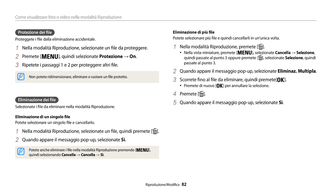 Samsung EC-WB30FZBPWE1 Ripetete i passaggi 1 e 2 per proteggere altri file, Protezione dei file, Eliminazione dei file 