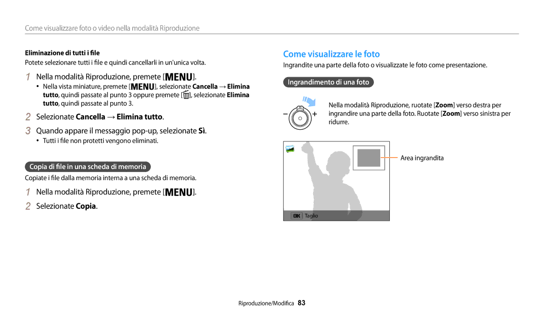 Samsung EC-WB30FZBPBE1, EC-WB30FZBPWE1 Come visualizzare le foto, Nella modalità Riproduzione, premete, Selezionate Copia 