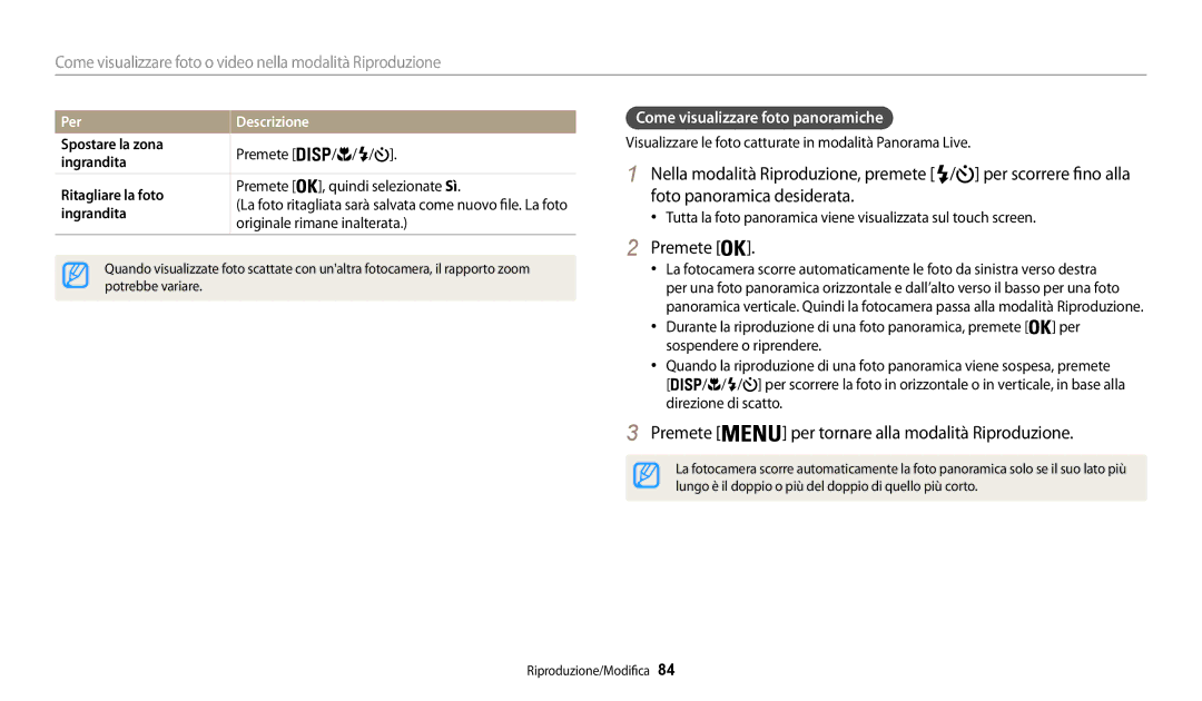 Samsung EC-WB30FZBPWE1, EC-WB30FZBPBE1 Premete Per tornare alla modalità Riproduzione, Come visualizzare foto panoramiche 