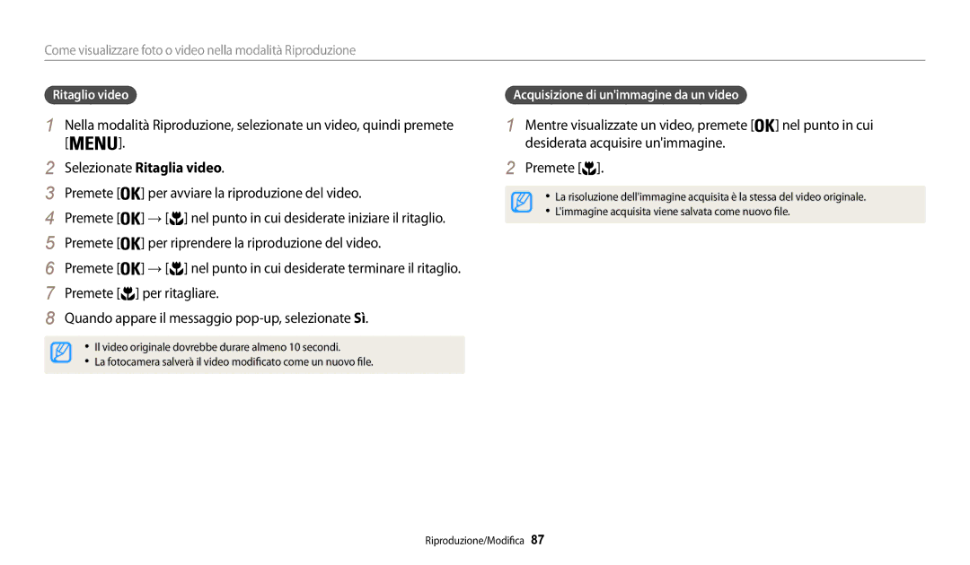 Samsung EC-WB30FZBPBE1, EC-WB30FZBPWE1 manual Selezionate Ritaglia video, Premete Per avviare la riproduzione del video 