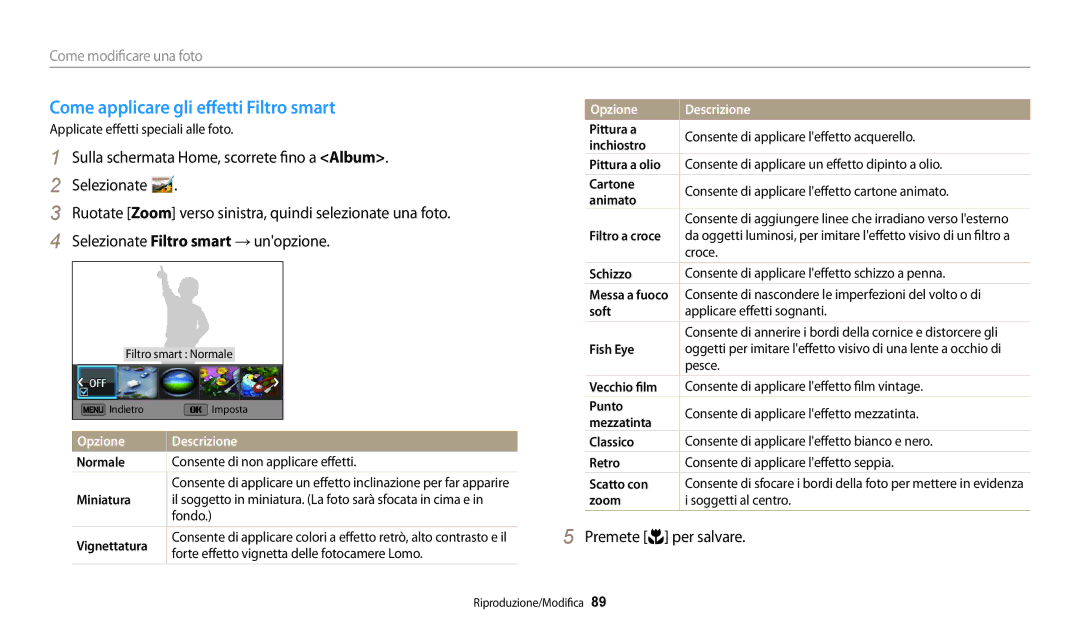 Samsung EC-WB30FZBPBE1, EC-WB30FZBPWE1 manual Come applicare gli effetti Filtro smart 