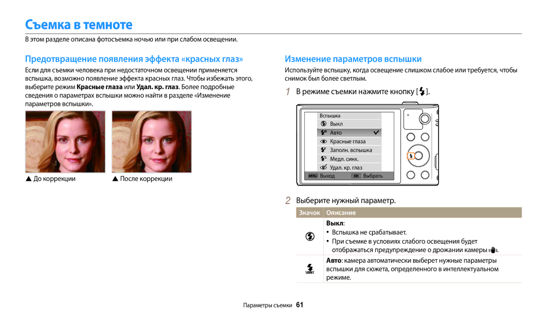 Samsung EC-WB30FZBPWE2, EC-WB30FZBPLE2 manual Съемка в темноте, Изменение параметров вспышки, Выкл, Вспышка не срабатывает 