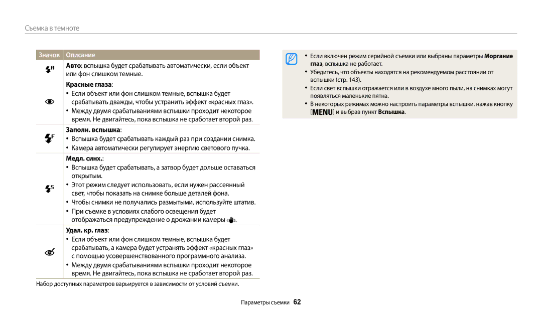 Samsung EC-WB30FZBPLRU, EC-WB30FZBPLE2, EC-WB30FZBPBE2 manual Красные глаза, Заполн. вспышка, Медл. синх, Удал. кр. глаз 