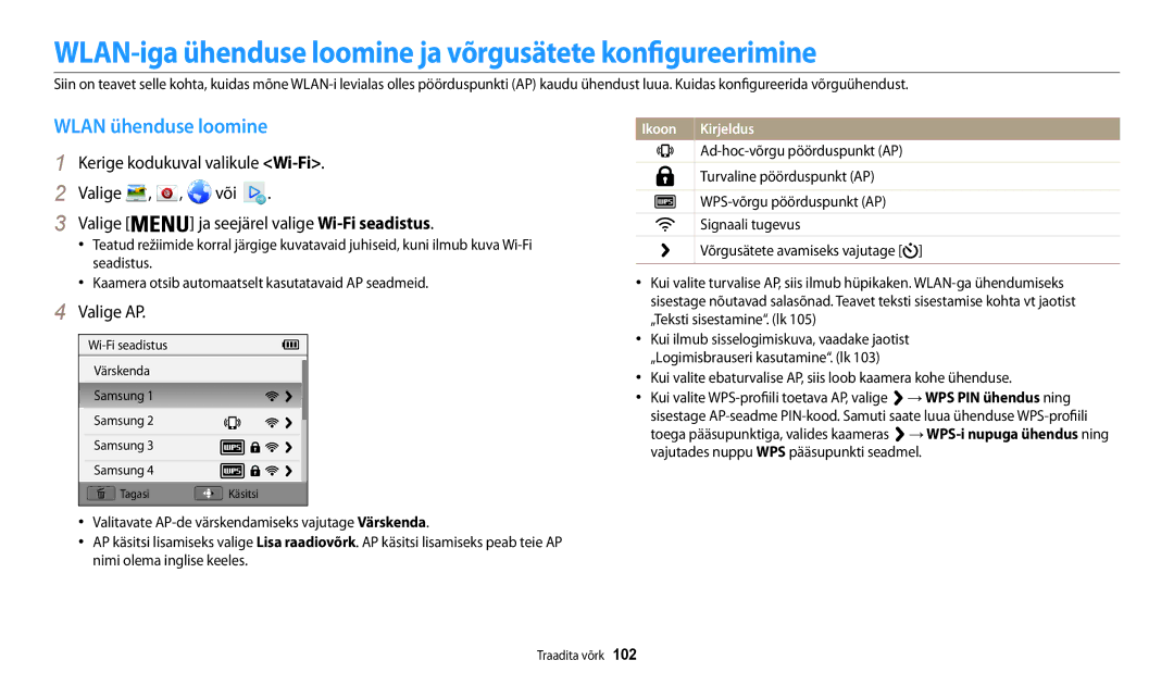 Samsung EC-WB30FZBPBE2 manual WLAN-iga ühenduse loomine ja võrgusätete konfigureerimine, Wlan ühenduse loomine, Valige AP 