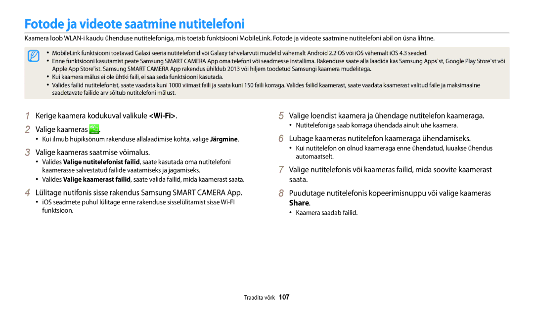 Samsung EC-WB30FZBPLE2 Fotode ja videote saatmine nutitelefoni, Kerige kaamera kodukuval valikule Wi-Fi Valige kaameras 