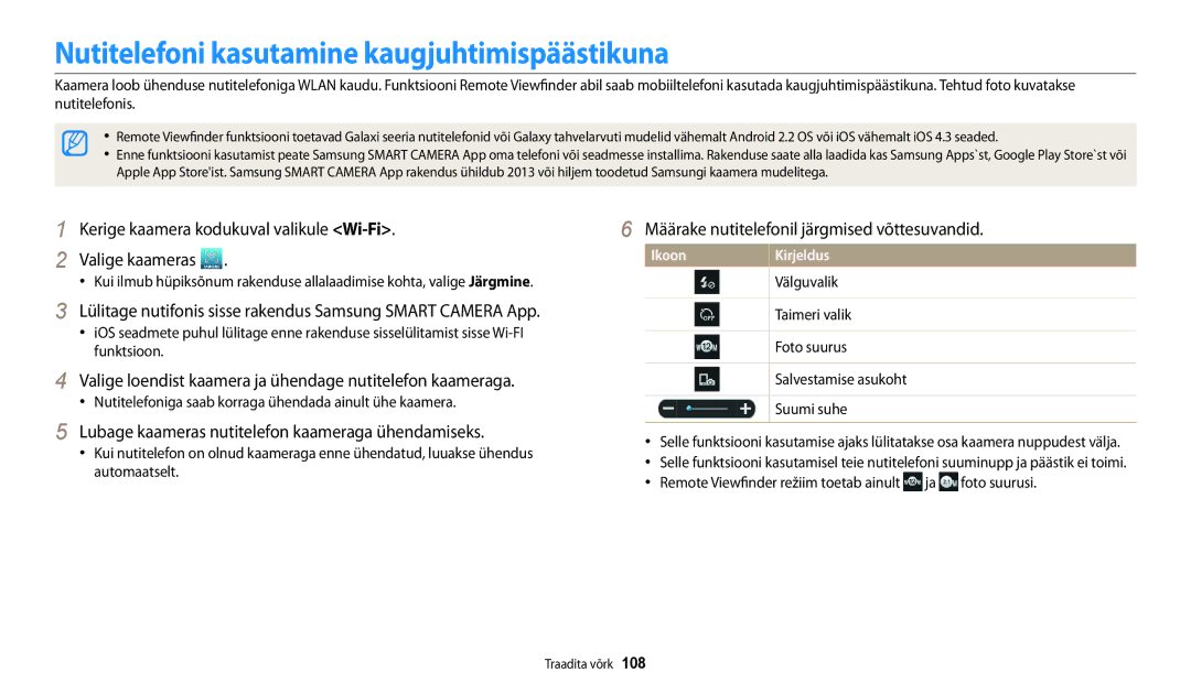 Samsung EC-WB30FZBPBE2 manual Nutitelefoni kasutamine kaugjuhtimispäästikuna, Määrake nutitelefonil järgmised võttesuvandid 