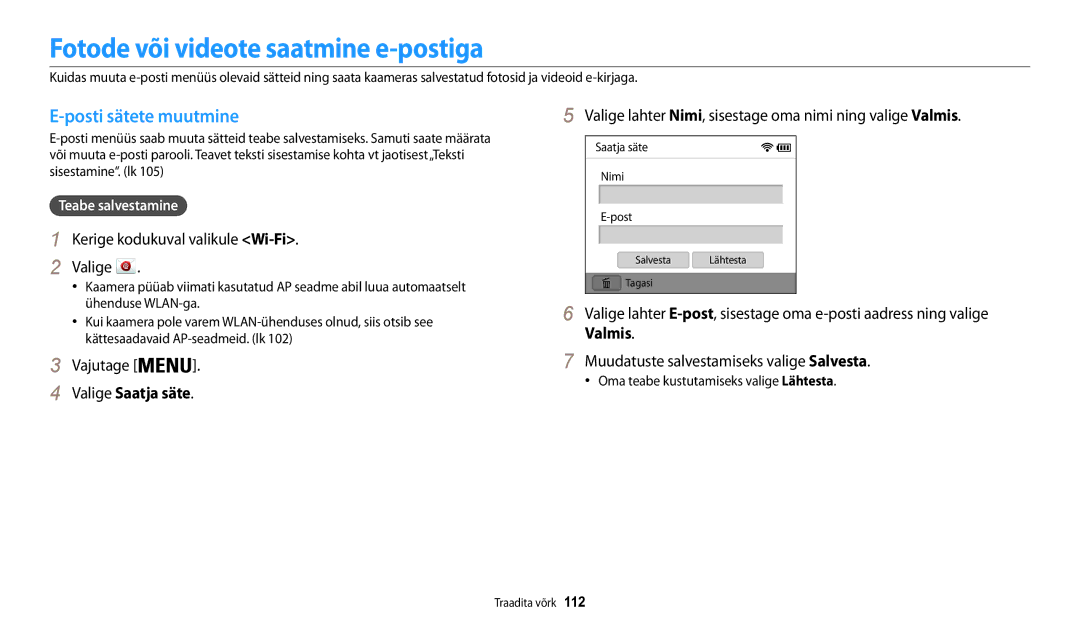 Samsung EC-WB30FZBPWE2 manual Fotode või videote saatmine e-postiga, Posti sätete muutmine, Valige Saatja säte, Valmis 