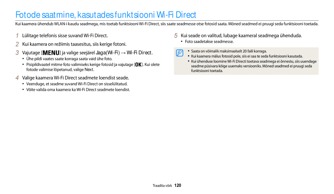 Samsung EC-WB30FZBPBE2, EC-WB30FZBPLE2, EC-WB30FZBPWE2 manual Fotode saatmine, kasutades funktsiooni Wi-Fi Direct, Vajutage 