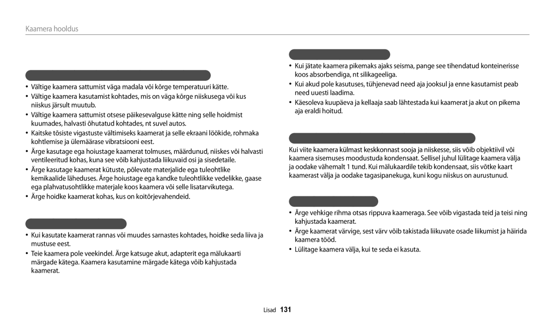 Samsung EC-WB30FZBPLE2, EC-WB30FZBPBE2, EC-WB30FZBPWE2 manual Kaamera kasutamine ja hoidmine 