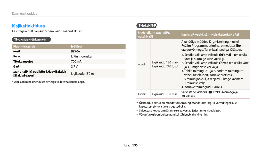 Samsung EC-WB30FZBPBE2, EC-WB30FZBPLE2, EC-WB30FZBPWE2 manual Teave aku kohta, Aku tehnilised andmed Aku tööiga 