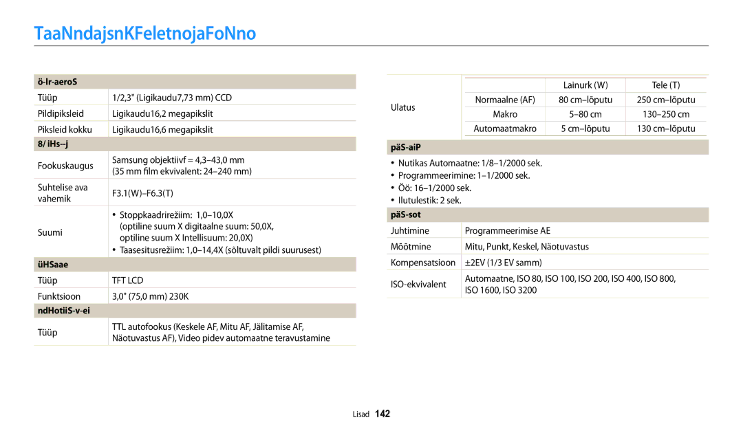 Samsung EC-WB30FZBPWE2, EC-WB30FZBPLE2, EC-WB30FZBPBE2 manual Kaamera tehnilised andmed 