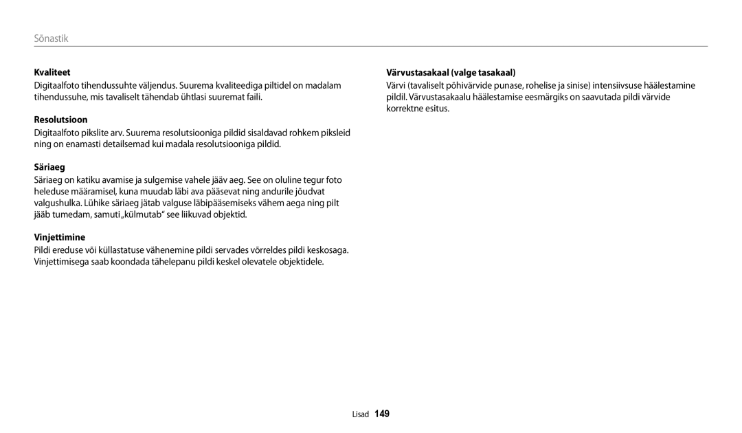 Samsung EC-WB30FZBPLE2, EC-WB30FZBPBE2, EC-WB30FZBPWE2 manual Resolutsioon, Värvustasakaal valge tasakaal 