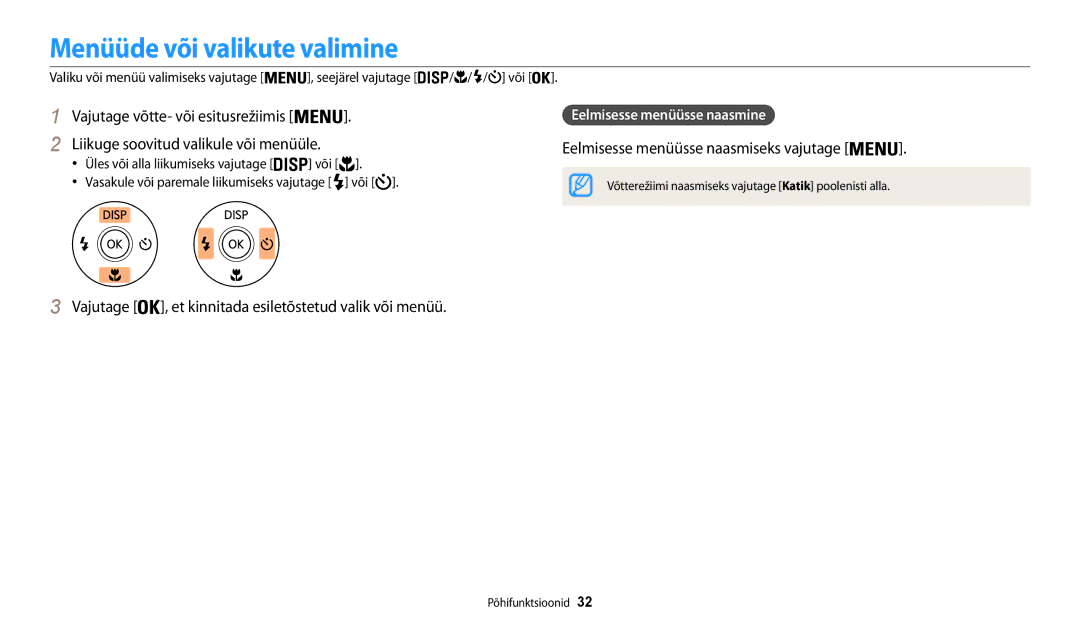 Samsung EC-WB30FZBPLE2 Menüüde või valikute valimine, Liikuge soovitud valikule või menüüle, Eelmisesse menüüsse naasmine 