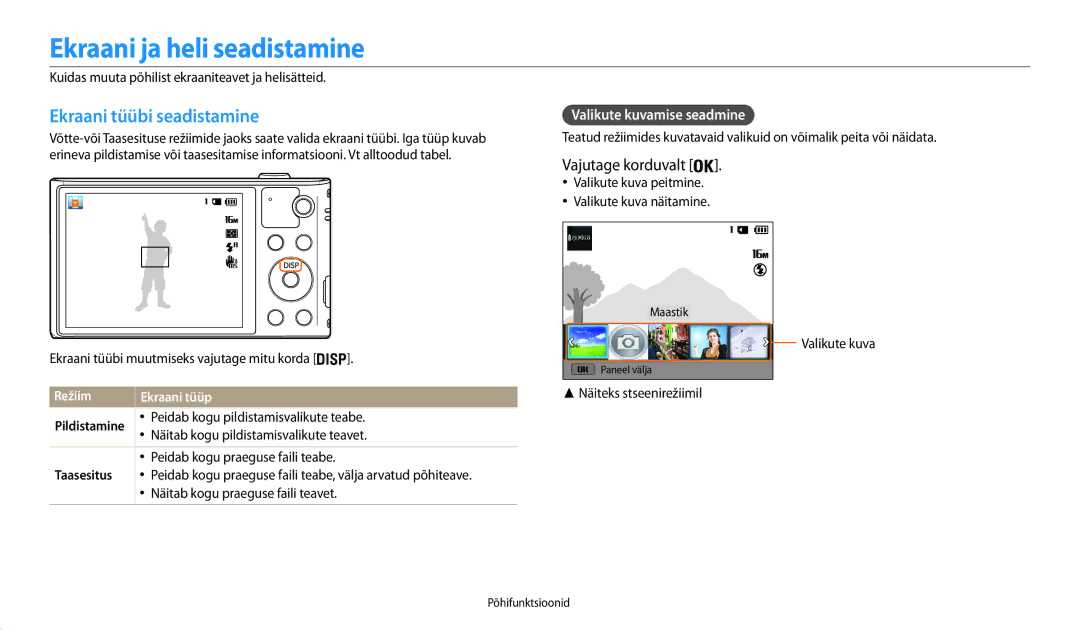 Samsung EC-WB30FZBPWE2 Ekraani ja heli seadistamine, Ekraani tüübi seadistamine, Vajutage korduvalt, Režiim Ekraani tüüp 