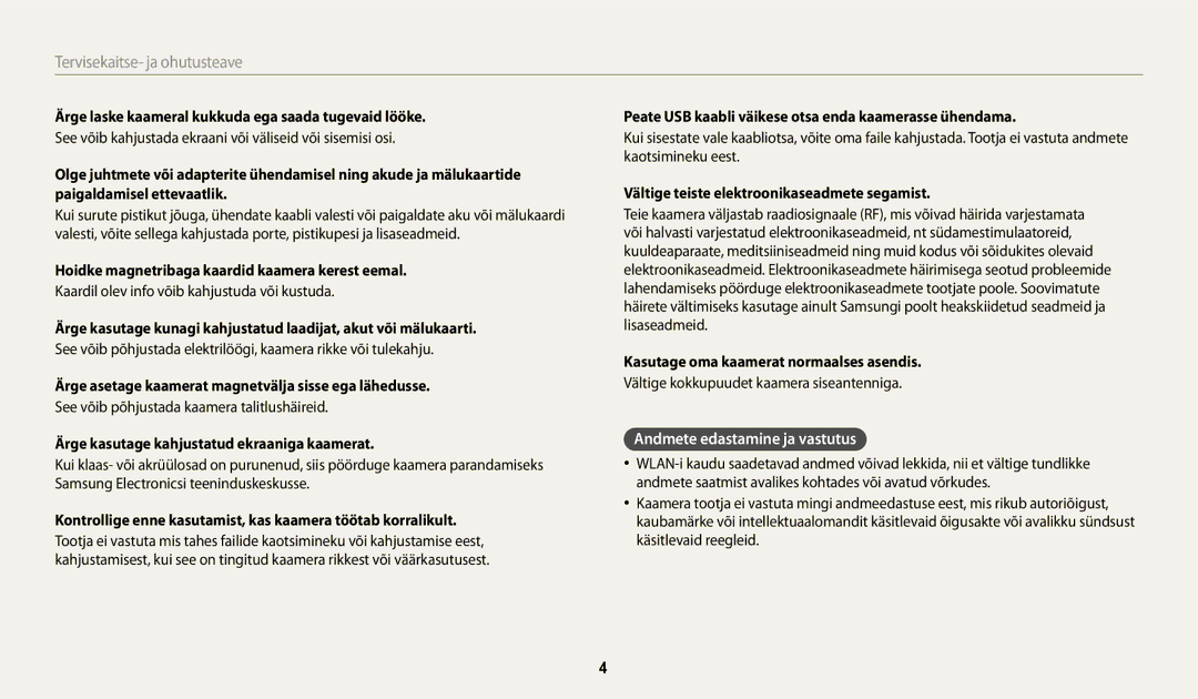 Samsung EC-WB30FZBPWE2, EC-WB30FZBPLE2, EC-WB30FZBPBE2 manual Andmete edastamine ja vastutus 