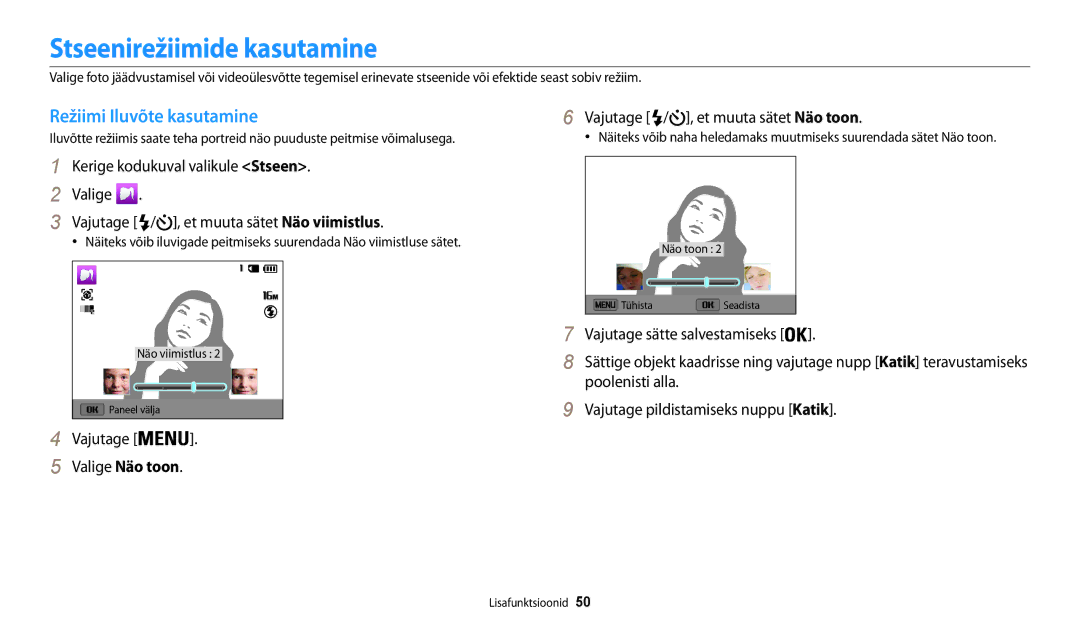 Samsung EC-WB30FZBPLE2 manual Stseenirežiimide kasutamine, Režiimi Iluvõte kasutamine, Vajutage sätte salvestamiseks 