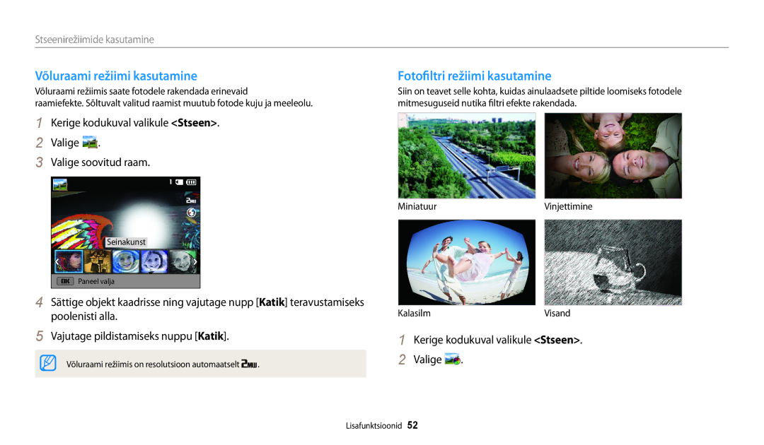 Samsung EC-WB30FZBPWE2 manual Võluraami režiimi kasutamine, Fotofiltri režiimi kasutamine, MiniatuurVinjettimine Kalasilm 