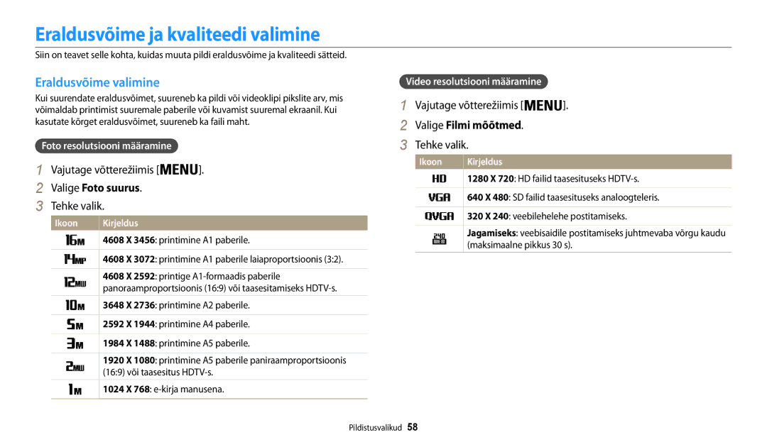 Samsung EC-WB30FZBPWE2, EC-WB30FZBPLE2 manual Eraldusvõime ja kvaliteedi valimine, Eraldusvõime valimine, Valige Foto suurus 