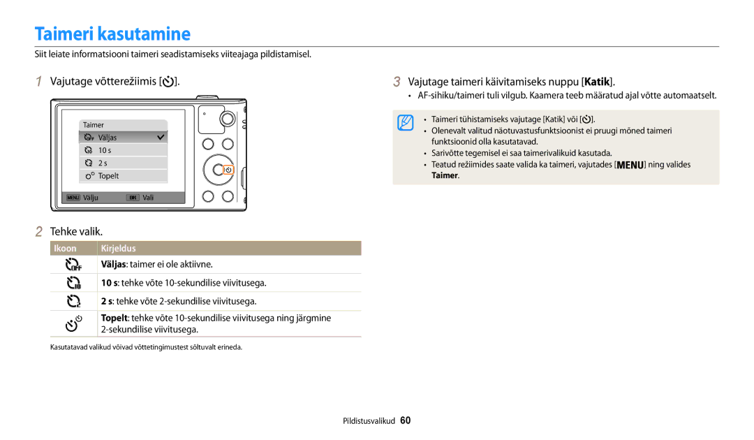 Samsung EC-WB30FZBPBE2, EC-WB30FZBPLE2, EC-WB30FZBPWE2 manual Taimeri kasutamine, Vajutage taimeri käivitamiseks nuppu Katik 