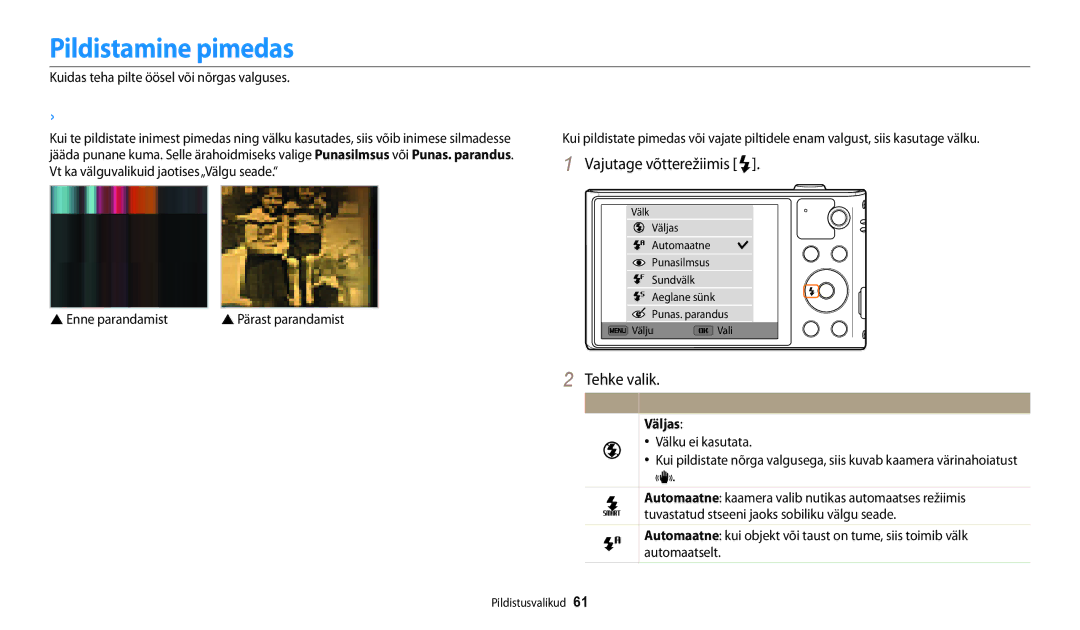 Samsung EC-WB30FZBPWE2, EC-WB30FZBPLE2, EC-WB30FZBPBE2 Pildistamine pimedas, Punasilmsuse vältimine, Välgu seade, Väljas 