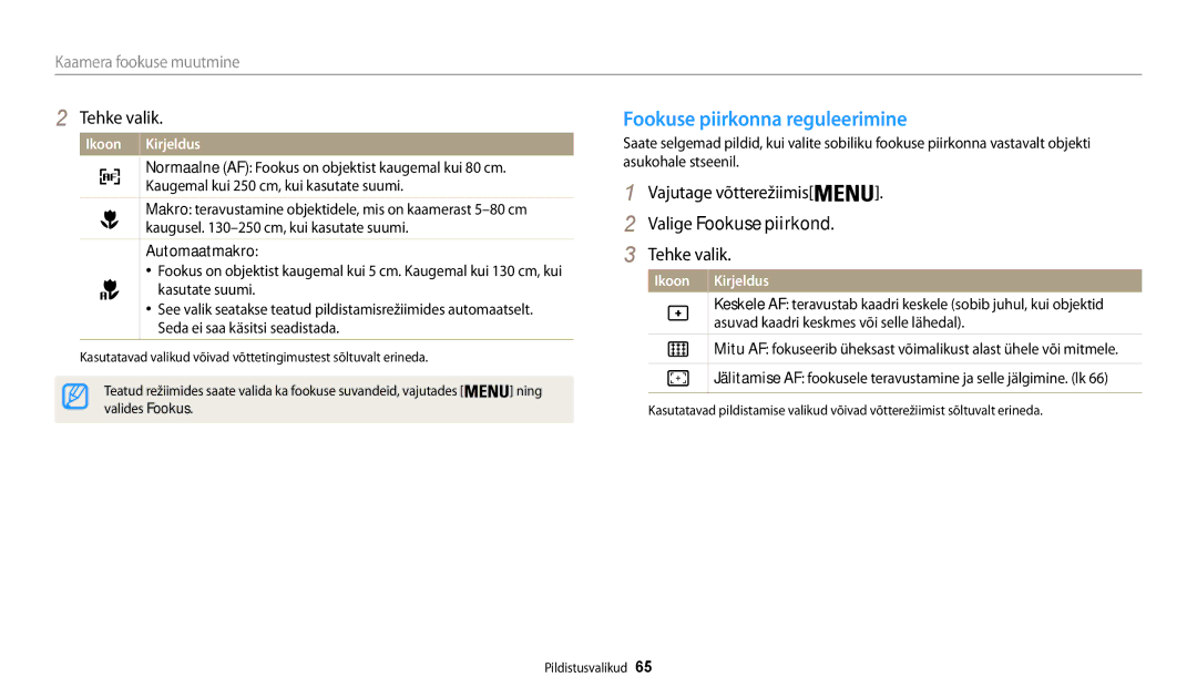 Samsung EC-WB30FZBPLE2, EC-WB30FZBPBE2 manual Fookuse piirkonna reguleerimine, Valige Fookuse piirkond, Automaatmakro 