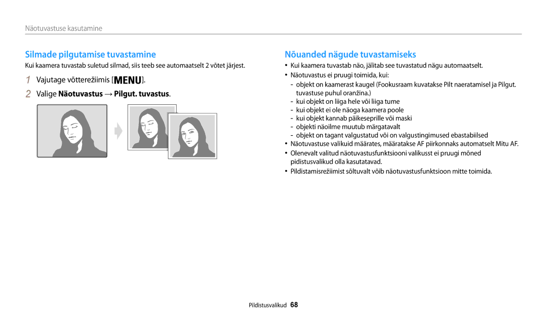 Samsung EC-WB30FZBPLE2, EC-WB30FZBPBE2, EC-WB30FZBPWE2 manual Silmade pilgutamise tuvastamine, Nõuanded nägude tuvastamiseks 