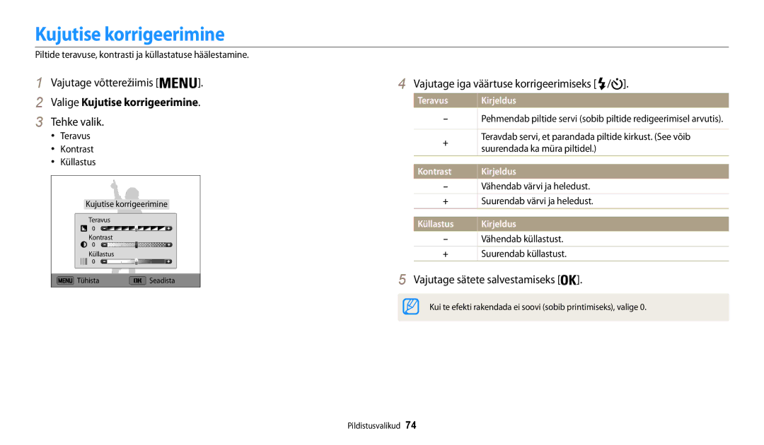 Samsung EC-WB30FZBPLE2, EC-WB30FZBPBE2 manual Valige Kujutise korrigeerimine, Vajutage iga väärtuse korrigeerimiseks 