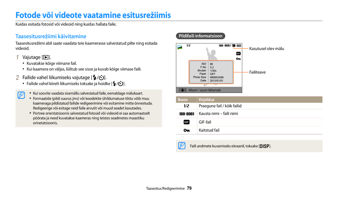 Samsung EC-WB30FZBPWE2, EC-WB30FZBPLE2 manual Fotode või videote vaatamine esitusrežiimis, Taasesitusrežiimi käivitamine 