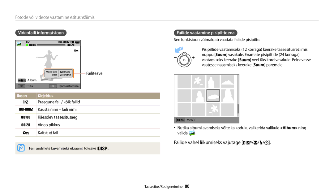 Samsung EC-WB30FZBPLE2, EC-WB30FZBPBE2, EC-WB30FZBPWE2 manual Videofaili informatsioon Failide vaatamine pisipiltidena 