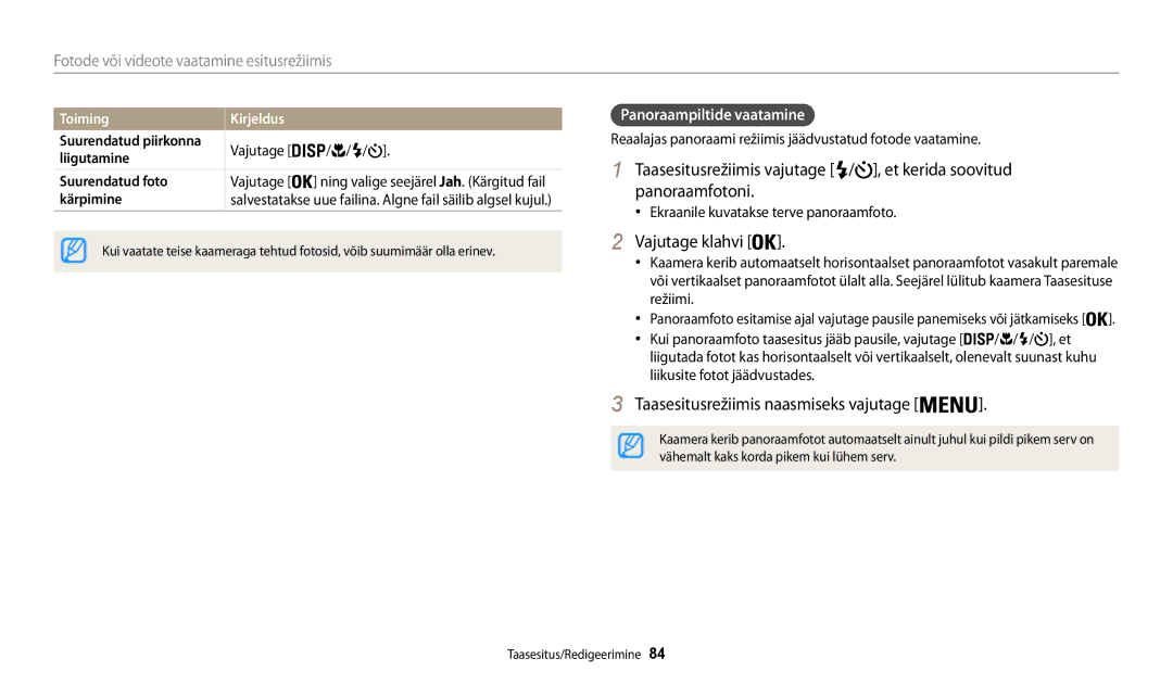 Samsung EC-WB30FZBPBE2, EC-WB30FZBPLE2 Vajutage klahvi, Taasesitusrežiimis naasmiseks vajutage, Panoraampiltide vaatamine 