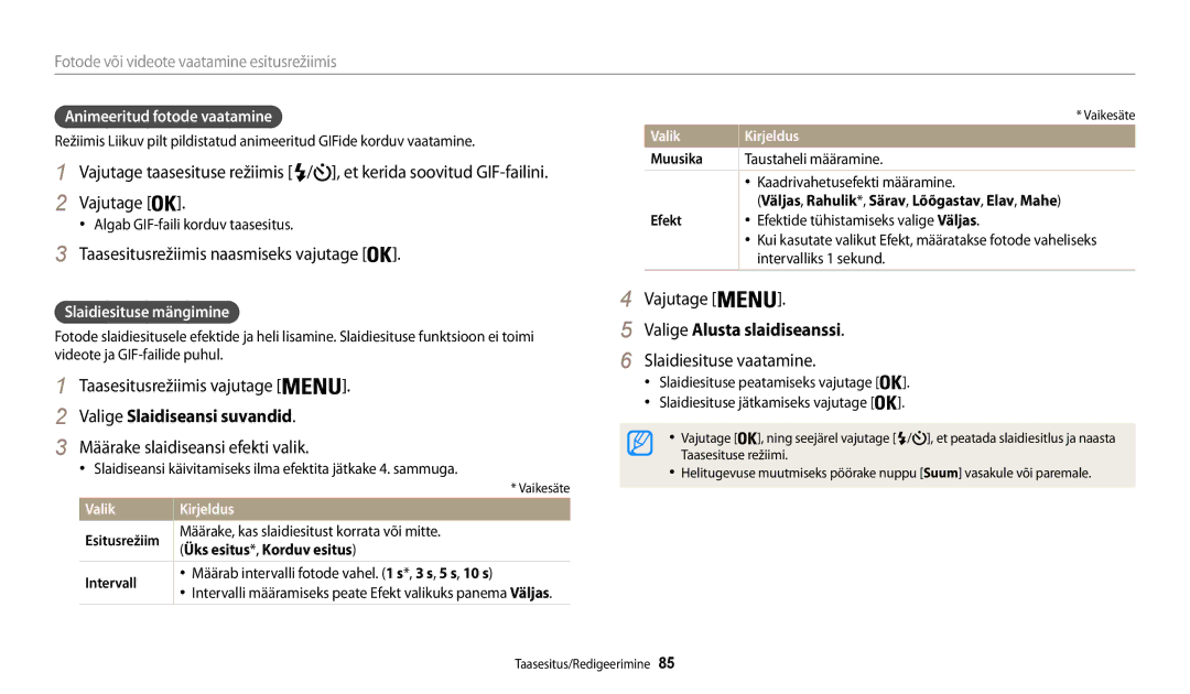 Samsung EC-WB30FZBPWE2 manual Valige Slaidiseansi suvandid, Määrake slaidiseansi efekti valik, Valige Alusta slaidiseanssi 