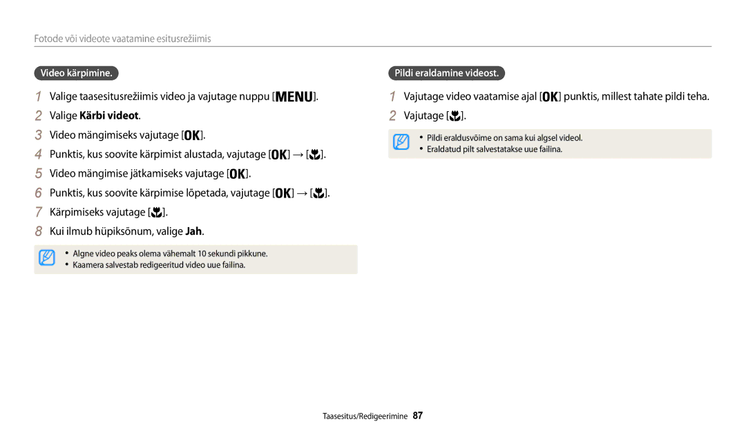 Samsung EC-WB30FZBPBE2 manual Valige Kärbi videot, Video mängimiseks vajutage, Video mängimise jätkamiseks vajutage 