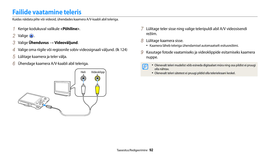 Samsung EC-WB30FZBPLE2, EC-WB30FZBPBE2, EC-WB30FZBPWE2 manual Failide vaatamine teleris, Valige Ühenduvus → Videoväljund 