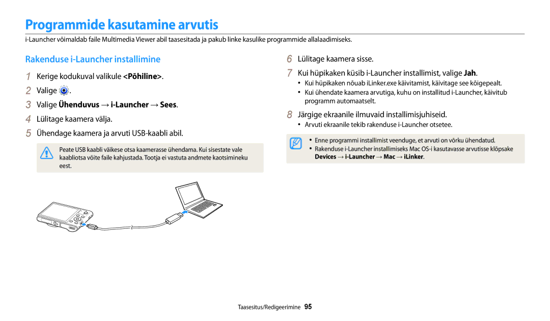 Samsung EC-WB30FZBPLE2, EC-WB30FZBPBE2, EC-WB30FZBPWE2 Programmide kasutamine arvutis, Rakenduse i-Launcher installimine 