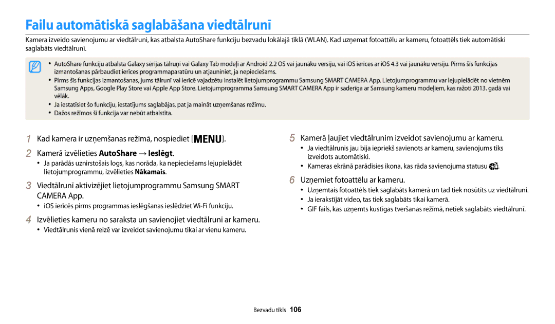 Samsung EC-WB30FZBPWE2, EC-WB30FZBPLE2 Failu automātiskā saglabāšana viedtālrunī, Kamerā izvēlieties AutoShare → Ieslēgt 