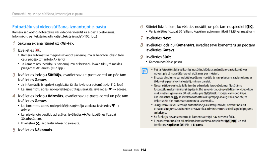 Samsung EC-WB30FZBPBE2, EC-WB30FZBPLE2 manual Fotoattēlu vai video sūtīšana, izmantojot e-pastu, Kamera nosūtīs e-pastu 