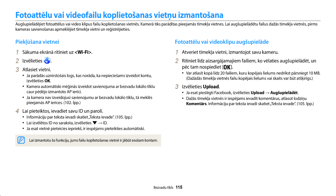 Samsung EC-WB30FZBPWE2, EC-WB30FZBPLE2 manual Fotoattēlu vai videofailu koplietošanas vietņu izmantošana, Piekļūšana vietnei 