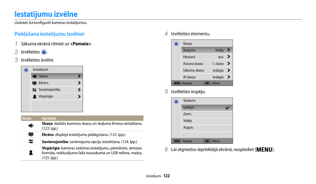 Samsung EC-WB30FZBPLE2, EC-WB30FZBPBE2 manual Iestatījumu izvēlne, Piekļūšana iestatījumu izvēlnei, Izvēlieties elementu 