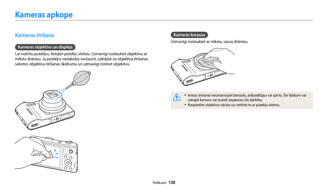 Samsung EC-WB30FZBPWE2, EC-WB30FZBPLE2 Kameras apkope, Kameras tīrīšana, Kameras objektīvs un displejs, Kameras korpuss 