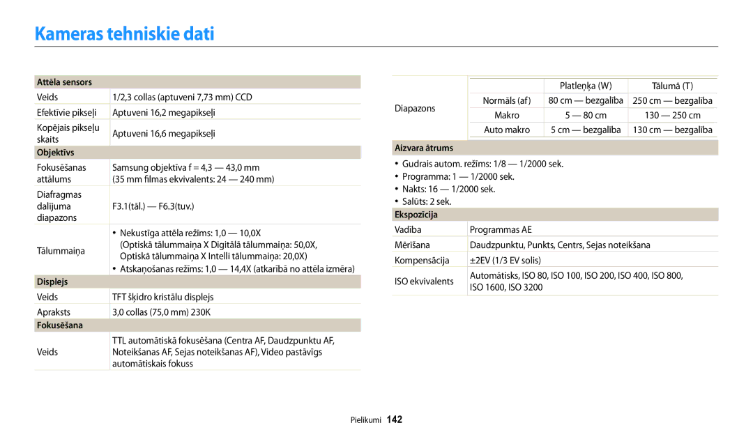 Samsung EC-WB30FZBPWE2, EC-WB30FZBPLE2, EC-WB30FZBPBE2 manual Kameras tehniskie dati 