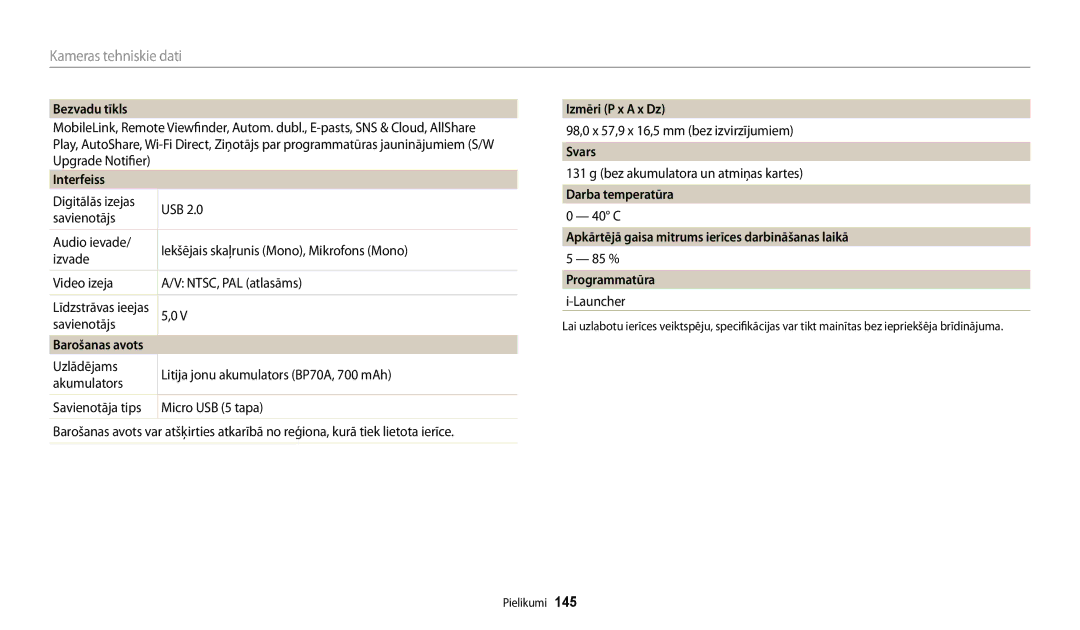 Samsung EC-WB30FZBPWE2 manual Bezvadu tīkls, Interfeiss, Izmēri P x a x Dz, Svars, Darba temperatūra, Programmatūra 