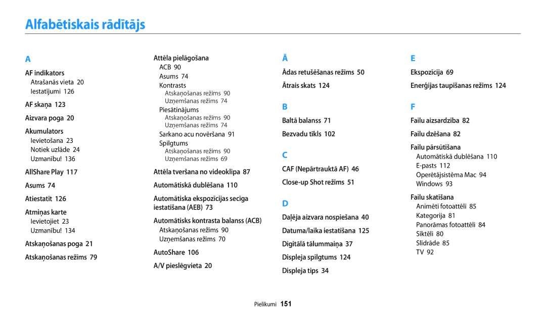 Samsung EC-WB30FZBPWE2, EC-WB30FZBPLE2, EC-WB30FZBPBE2 manual Alfabētiskais rādītājs 