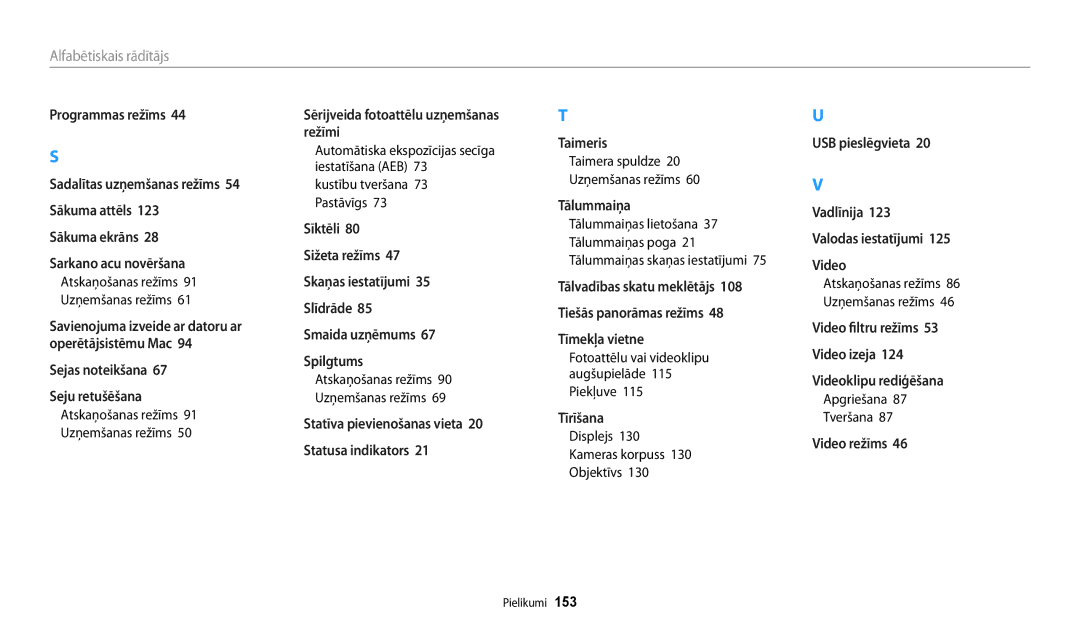 Samsung EC-WB30FZBPBE2, EC-WB30FZBPLE2 Taimera spuldze Uzņemšanas režīms, Piekļuve, Displejs Kameras korpuss Objektīvs 