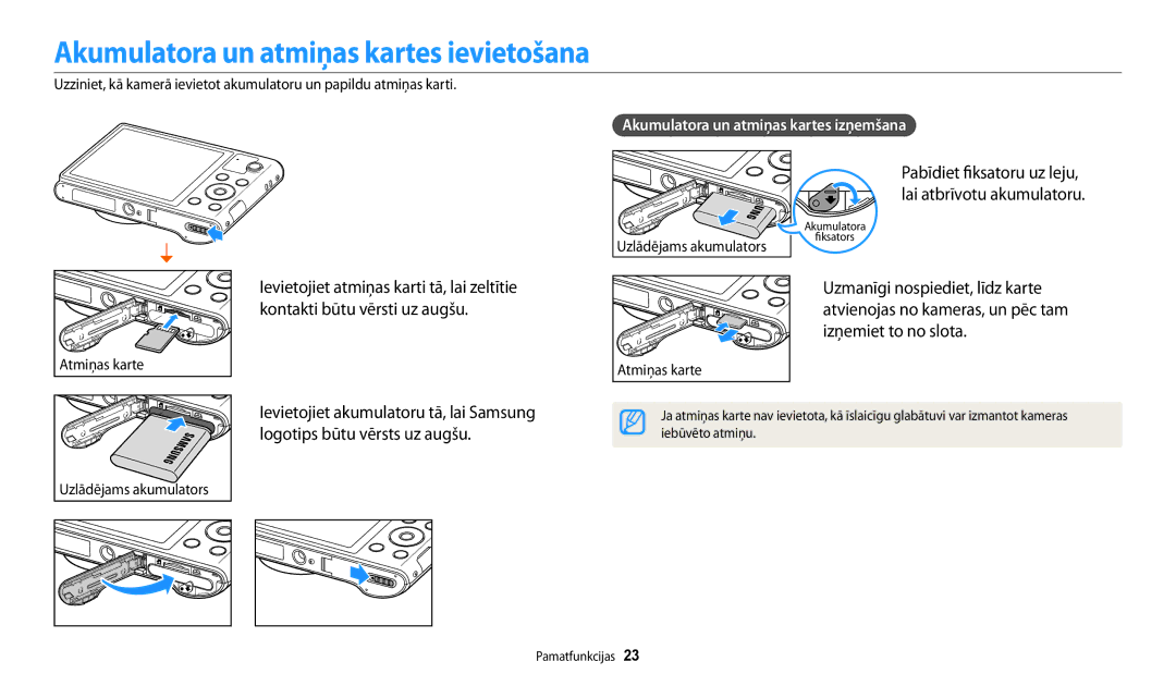 Samsung EC-WB30FZBPLE2, EC-WB30FZBPBE2 Akumulatora un atmiņas kartes ievietošana, Akumulatora un atmiņas kartes izņemšana 