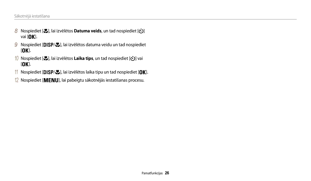 Samsung EC-WB30FZBPLE2, EC-WB30FZBPBE2, EC-WB30FZBPWE2 manual Sākotnējā iestatīšana 