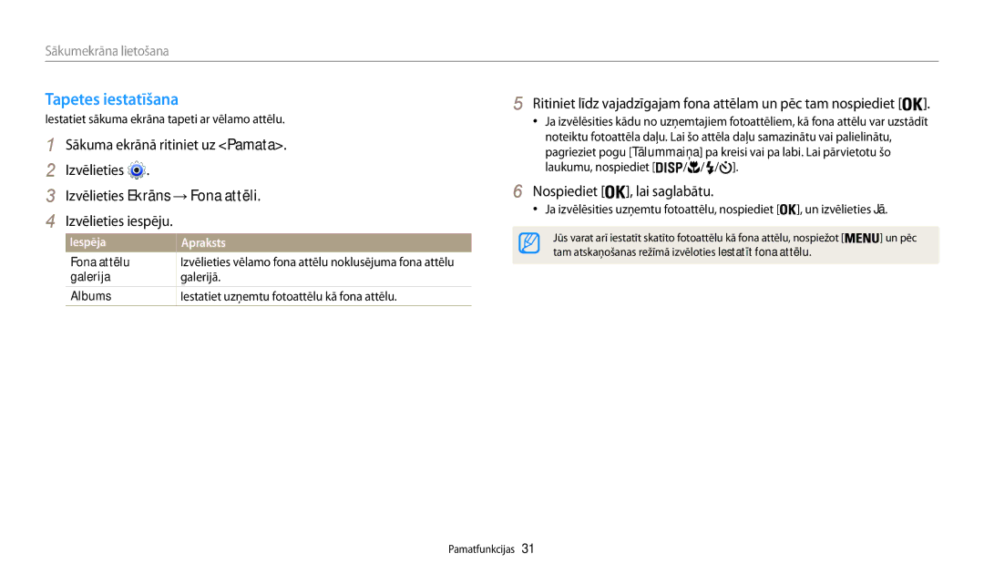 Samsung EC-WB30FZBPWE2 manual Tapetes iestatīšana, Sākuma ekrānā ritiniet uz Pamata, Izvēlieties Ekrāns → Fona attēli 