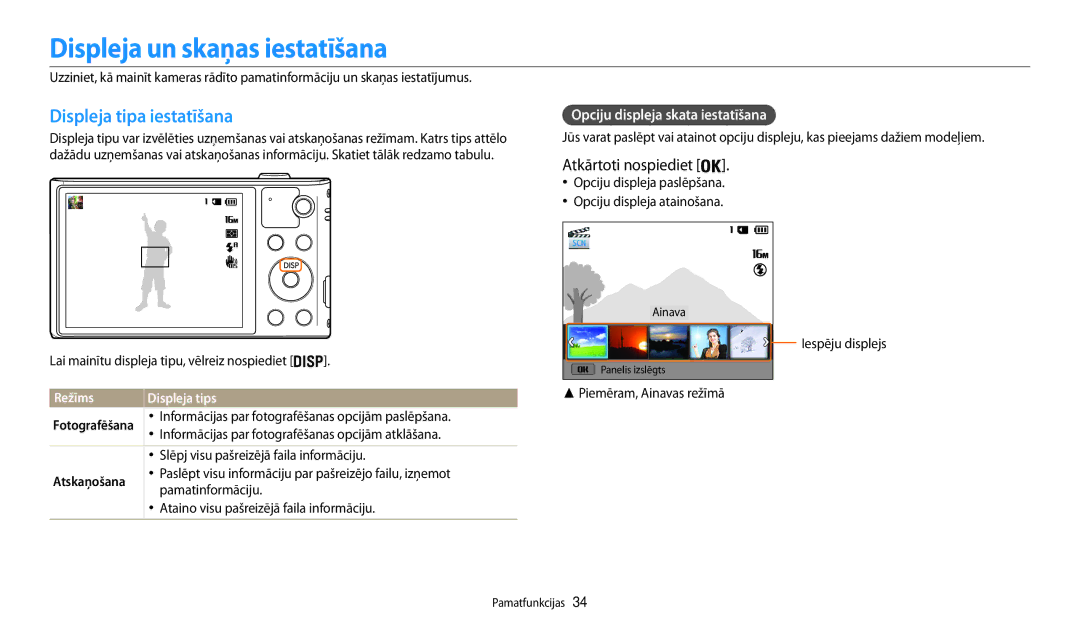 Samsung EC-WB30FZBPWE2 manual Displeja un skaņas iestatīšana, Displeja tipa iestatīšana, Opciju displeja skata iestatīšana 